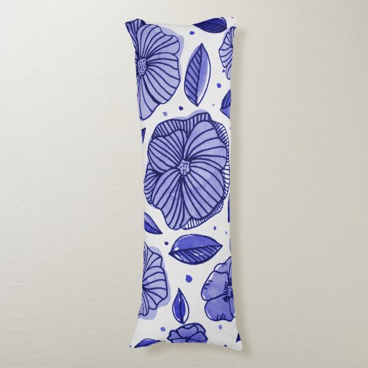 Waterverf en inktbloemen - blauw palet lichaamskussen (Voorkant Verticaal)