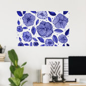 Waterverf en inktbloemen - blauw palet poster (Thuiskantoor)