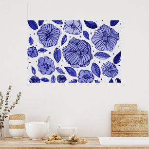 Waterverf en inktbloemen - blauw palet poster