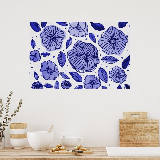 Waterverf en inktbloemen - blauw palet poster (Keuken)