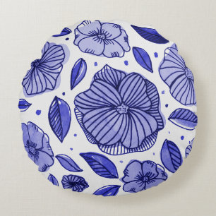 Waterverf en inktbloemen - blauw palet rond kussen