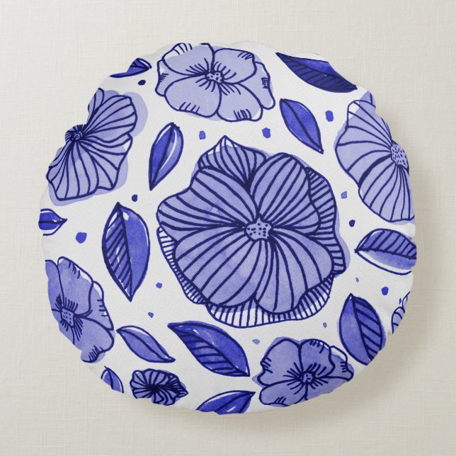 Waterverf en inktbloemen - blauw palet rond kussen (Voorkant)