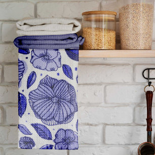 Waterverf en inktbloemen - blauw palet theedoek