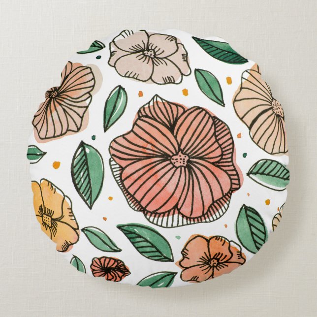 Waterverf- en inktbloemen -  palet rond kussen (Voorkant)