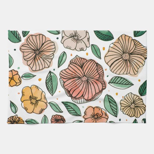 Waterverf- en inktbloemen -  palet theedoek (Horizontaal)