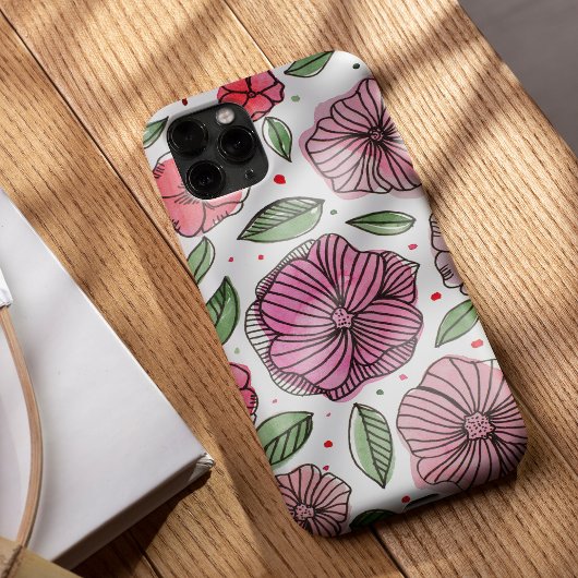 Waterverf en inktbloemen - roze en groen Case-Mate iPhone case