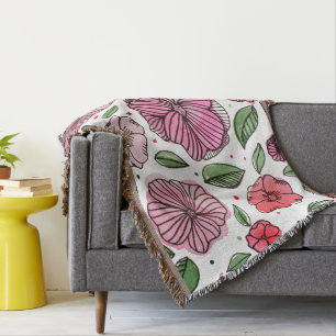 Waterverf en inktbloemen - roze en groen deken