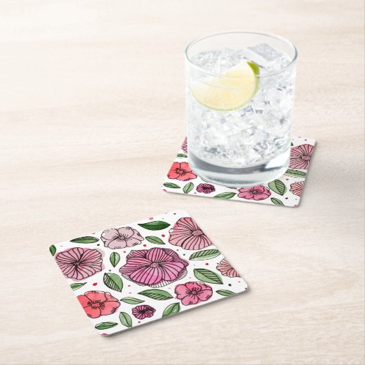 Waterverf en inktbloemen - roze en groen kartonnen onderzetters (Insitu)