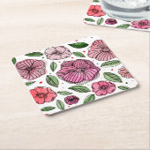 Waterverf en inktbloemen - roze en groen kartonnen onderzetters (Schuin)