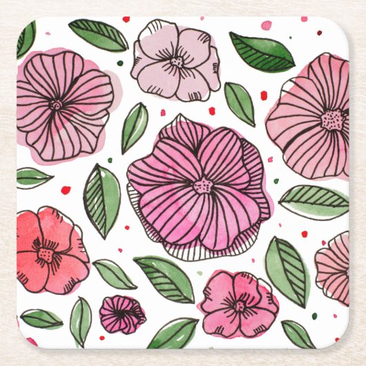 Waterverf en inktbloemen - roze en groen kartonnen onderzetters (Voorkant)