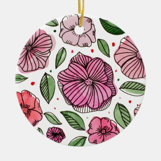 Waterverf en inktbloemen - roze en groen keramisch ornament (Voorkant)