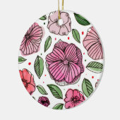 Waterverf en inktbloemen - roze en groen keramisch ornament (Links)