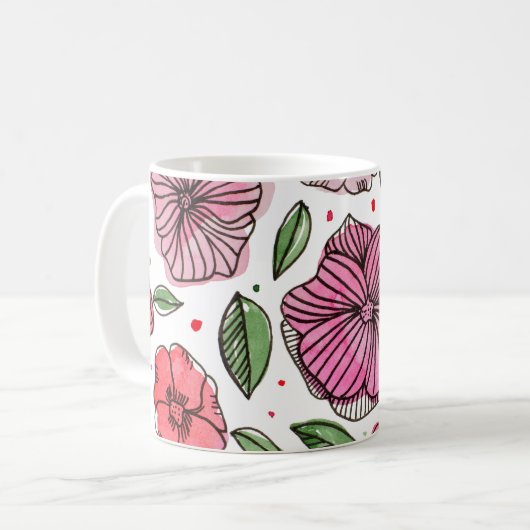 Waterverf en inktbloemen - roze en groen koffiemok (Voorkant links)