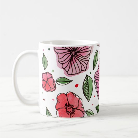 Waterverf en inktbloemen - roze en groen koffiemok (Links)