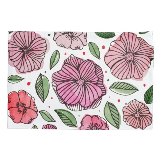 Waterverf en inktbloemen - roze en groen kussensloop (Achterkant)