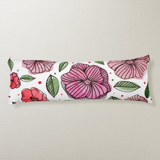 Waterverf en inktbloemen - roze en groen lichaamskussen (Achterkant)