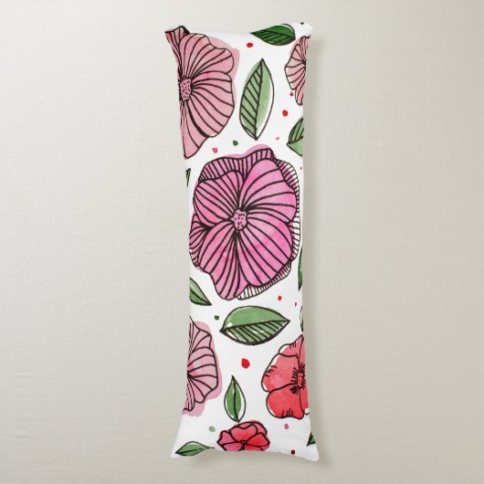 Waterverf en inktbloemen - roze en groen lichaamskussen (Voorkant Verticaal)