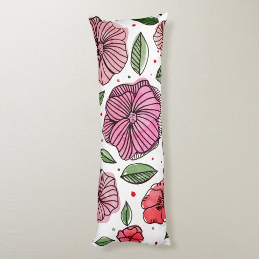 Waterverf en inktbloemen - roze en groen lichaamskussen (Achterkant (Verticaal))