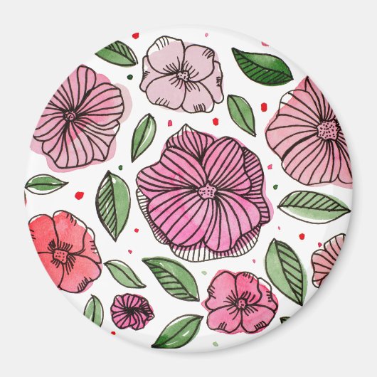 Waterverf en inktbloemen - roze en groen magneet (Voorkant)