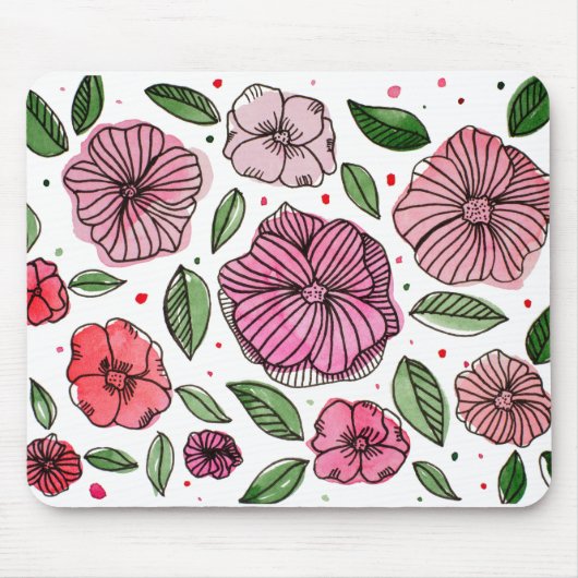 Waterverf en inktbloemen - roze en groen muismat (Voorkant)