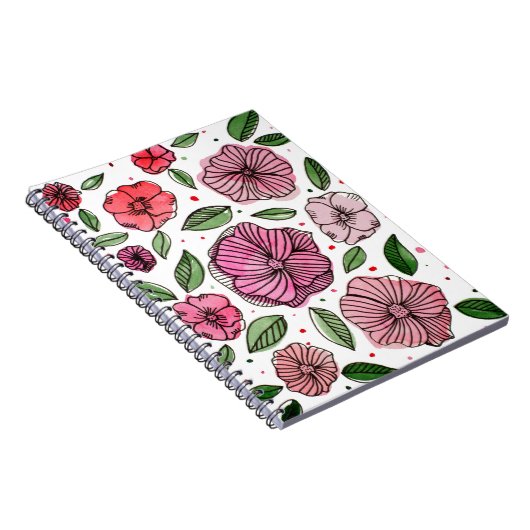 Waterverf en inktbloemen - roze en groen notitieboek (Rechterzijde)