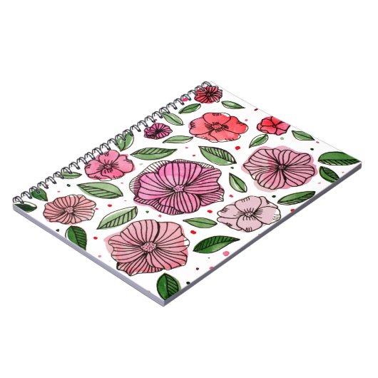 Waterverf en inktbloemen - roze en groen notitieboek (Linkerzijde)