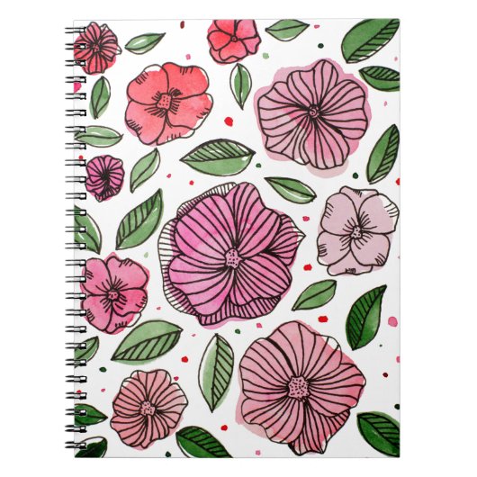 Waterverf en inktbloemen - roze en groen notitieboek (Voorkant)