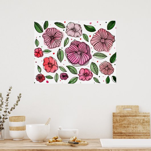 Waterverf en inktbloemen - roze en groen poster (Keuken)