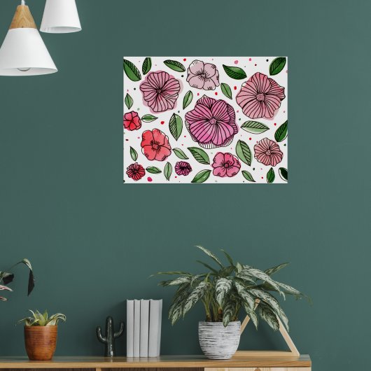 Waterverf en inktbloemen - roze en groen poster (Woonkamer 1)