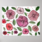 Waterverf en inktbloemen - roze en groen poster (Voorkant)