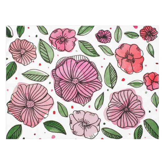 Waterverf en inktbloemen - roze en groen tafelkleed (Voorkant (Horizontaal))