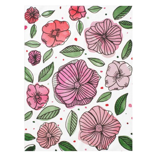 Waterverf en inktbloemen - roze en groen tafelkleed (Voorkant)