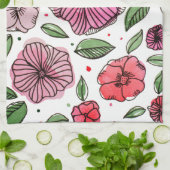 Waterverf en inktbloemen - roze en groen theedoek (Gevouwen)