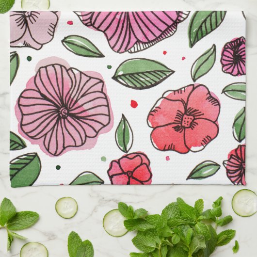 Waterverf en inktbloemen - roze en groen theedoek (Gevouwen)