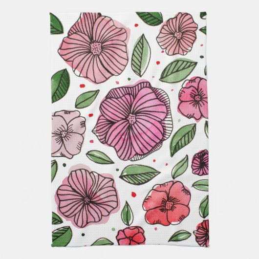 Waterverf en inktbloemen - roze en groen theedoek (Verticaal)