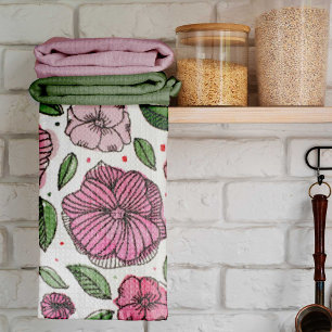 Waterverf en inktbloemen - roze en groen theedoek