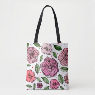 Waterverf en inktbloemen - roze en groen tote bag