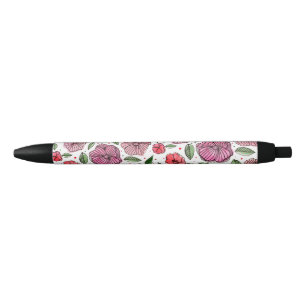 Waterverf en inktbloemen - roze en groen zwarte inkt pen