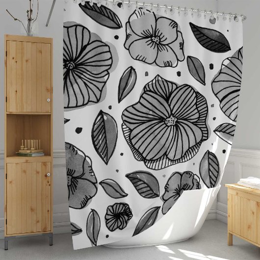 Waterverf en inktbloemen - zwart-wit douchegordijn