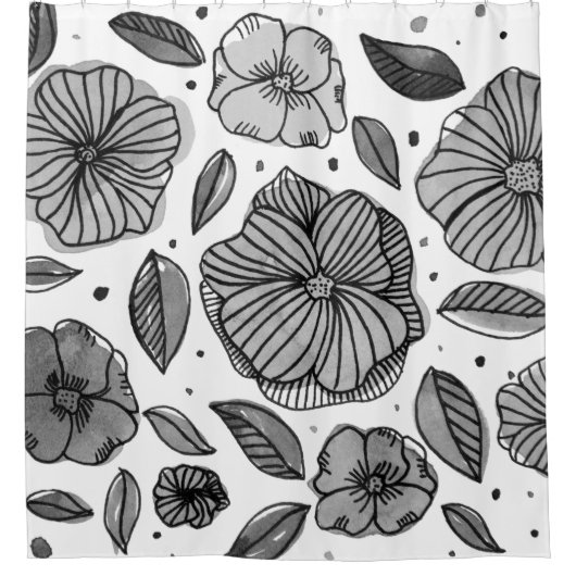 Waterverf en inktbloemen - zwart-wit douchegordijn (Voorkant)