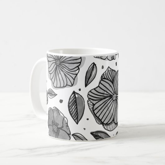 Waterverf en inktbloemen - zwart-wit koffiemok (Voorkant links)