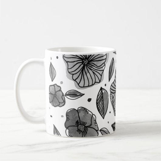 Waterverf en inktbloemen - zwart-wit koffiemok (Links)