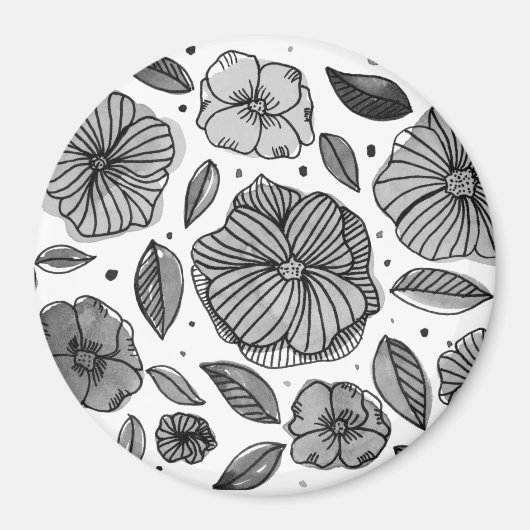 Waterverf en inktbloemen - zwart-wit magneet (Voorkant)