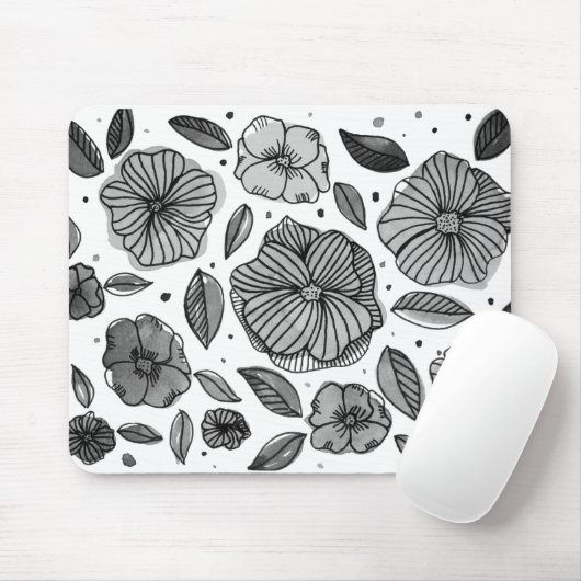 Waterverf en inktbloemen - zwart-wit muismat (Met muis)