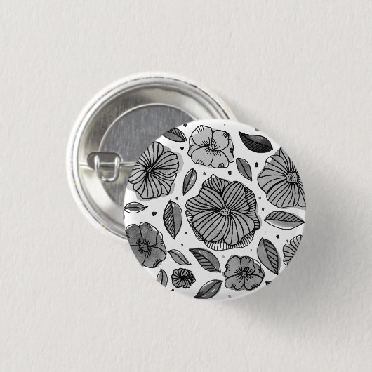 Waterverf en inktbloemen - zwart-wit ronde button 3,2 cm (Voorkant /achterkant)