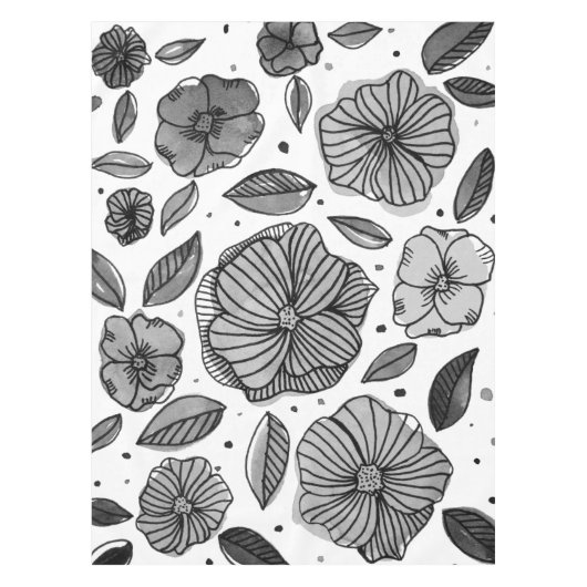 Waterverf en inktbloemen - zwart-wit tafelkleed (Voorkant)