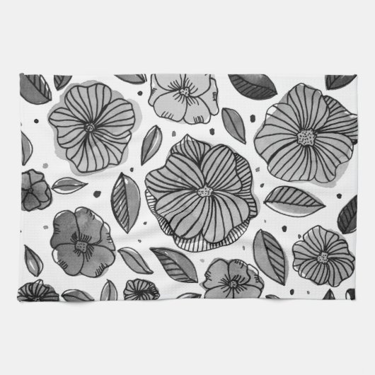 Waterverf en inktbloemen - zwart-wit theedoek (Horizontaal)