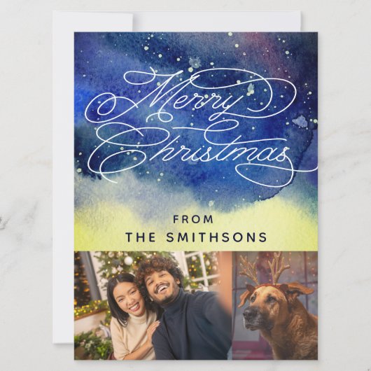 Waterverf en kalligrafie Navy Blue 2 aangepaste fo Feestdagenkaart (Voorkant)