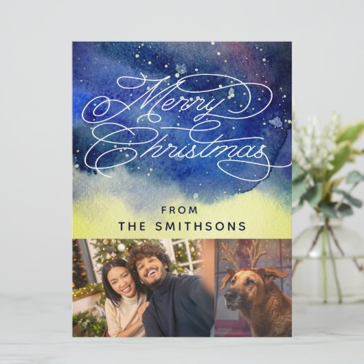 Waterverf en kalligrafie Navy Blue 2 aangepaste fo Feestdagenkaart (Staand voorkant)