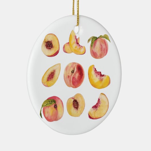 Waterverf en kleurrijke verse perzikplakjes, keramisch ornament (Rechts)